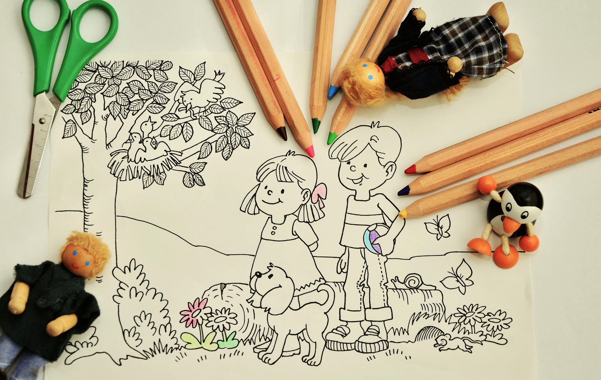 Children coloring page with pencils and toys